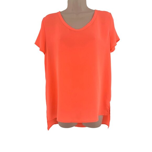 Size Small FLUORESCENT‎ ORANGE CHIFFON LOOSE FITTING HIGH-LOW BLOUSE Top Shirt - Picture 1 of 5